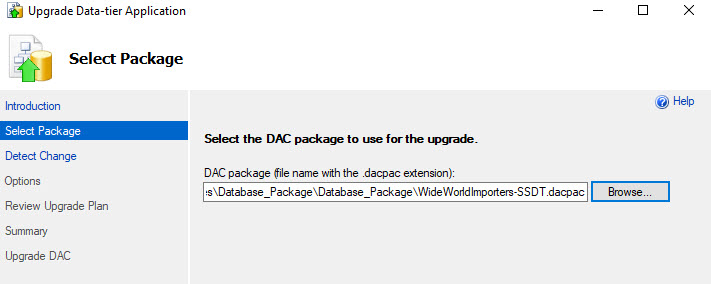 The Select Package page displays. Under Select the DAC package to use for the upgrade, a file path is in the  field, DAC package file name with the .dacpac extension.